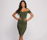 All Buttoned Up Off The Shoulder Midi Dress